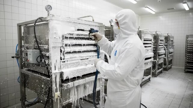 Medium shot of a worker applying foam sanitizer on hatchery equipment to ensure thorough biosecurity and prevent contamination.