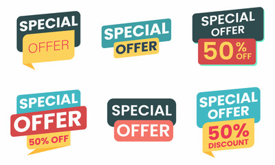 Collection of six colorful special offer and discount sale tags with percentage off for marketing and advertising