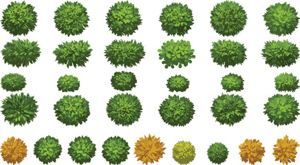 Stylized bush vector grid, seasonal foliage icons, top view shrubs, autumn and summer plants, landscape design assets, botanical illustration pack