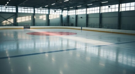 Fototapeta premium Empty ice rink, bright windows at the top, blue lines, a red circle, and hockey net