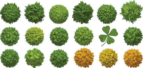 Stylized bush vector set, seasonal foliage icons, clover illustration, colorful plant graphics, landscape design assets, botanical reference elements