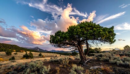 Vibrant landscape with a lone tree under a colorful sky