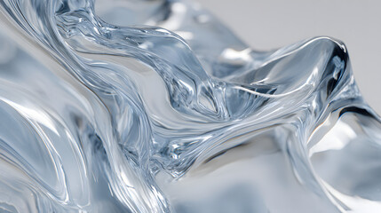 Abstract close-up of flowing, translucent clear liquid with smooth curves and a glossy surface.