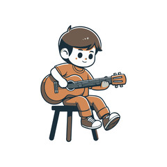 Young boy sitting on a stool, playing guitar joyfully in a bright, minimalistic setting