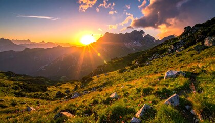 Vibrant sunrise illuminating mountain range and grassy foreground