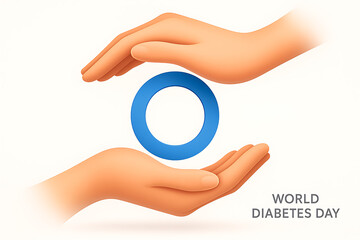 World diabetes day concept with human hands protecting blue circle symbol for global health care, unity, and prevention awareness