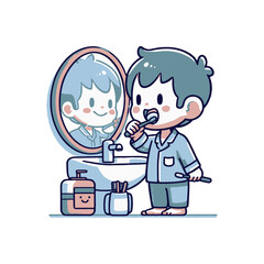 Young child brushing teeth in bathroom mirror, surrounded by toiletries and playful decor