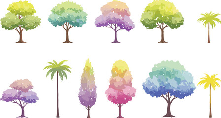 Stylized tree illustration set, colorful foliage trees, watercolor vector, nature clipart, botanical elements, landscape design, fantasy trees, tree pack © Hasib World