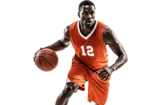 African american basketball player dribbling a ball isolated on transparent background