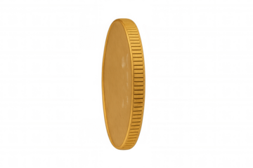 Gold coin standing vertically, symbolizing finance, wealth, currency, and value. Transparent background