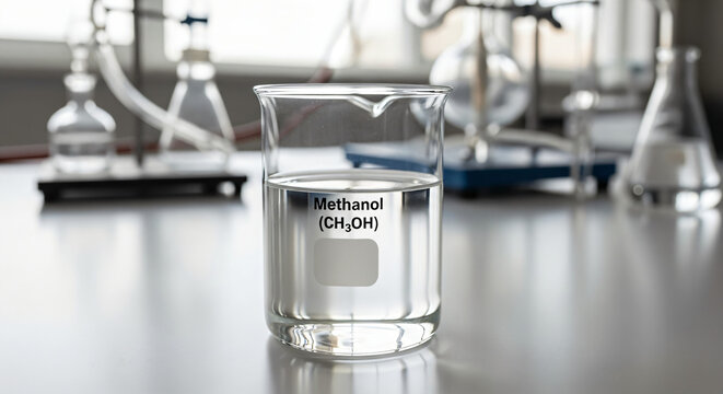 Laboratory setting. In the foreground, there is a clear glass beaker filled with a transparent liquid. The beaker is prominently labeled "Methanol (CH3OH)," indicating its contents.