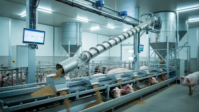 Medium frame showing integrated feed distribution with automatic auger and conveyor highlighting efficient farm automation technology in action.