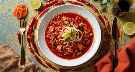 Spicy red stew in white bowl, chili peppers, lime, fork, knife, brown placemat