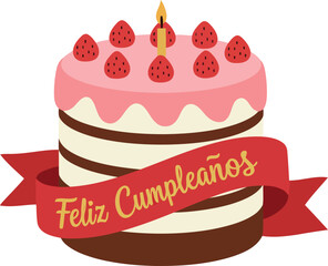 Happy birthday cake with strawberry frosting and feliz cumpleanos ribbon vector