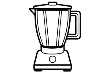 Black and White Line Drawing of Kitchen Blender Appliance with Handle and Lid