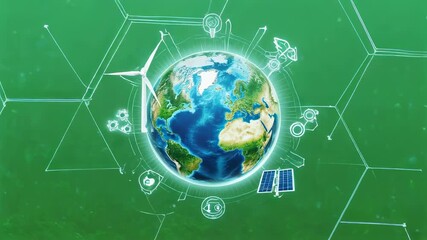 A visual depicting Earth surrounded by various energy sources and a green background - Powered by Adobe