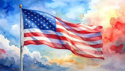 Watercolor American Flag Waving in the Wind Against a Colorful Sky