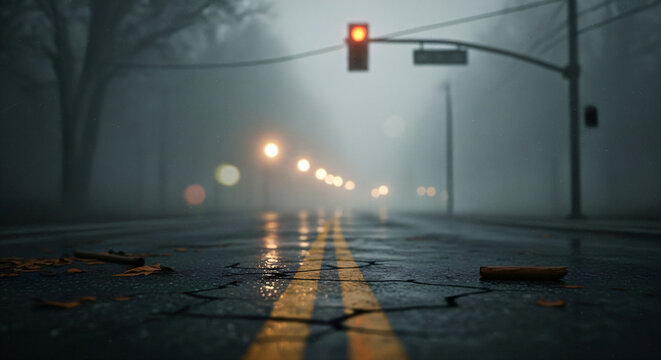Foggy road featuring prominent yellow lines, wet, cracked asphalt, and scattered debris, with leaves and small branches. The background fades into a dense fog, adding an air of mystery to the scene.