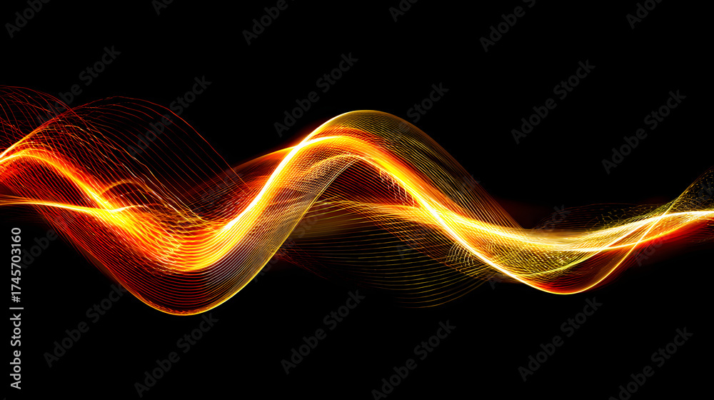 Wall mural dynamic abstract waves of golden and red light against a black background, creating a sense of movem
