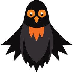 Cute cartoon black bird with big orange eyes and a feathered chest on a white background