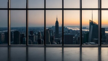 Modern skyscraper office interior with panoramic city view at sunset - Powered by Adobe