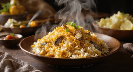 Steaming rice dish with vegetable garnish, served in rustic brown bowl
