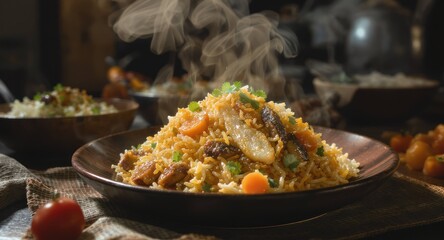 Steaming rice pilaf with chicken, carrots, and herbs served in a rustic bowl
