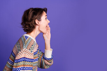 Photo of lovely pretty excited glad woman wear stylish clothes empty space isolated on purple color...