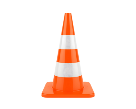 Isolated orange and white striped traffic cone providing a visual warning on roadways