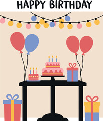 Festive birthday table with cake gifts balloons and string lights celebration vector