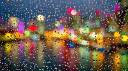 A vibrant cityscape illuminated by colorful lights seen through a rain-slicked window, creating a dreamy, blurred effect.