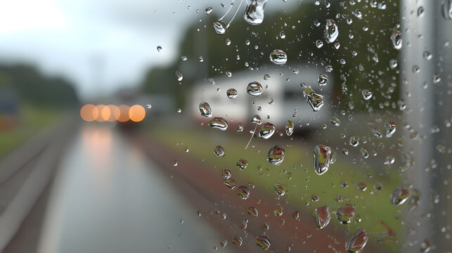 Rain droplets on a window with a blurred train passing by, creating a nostalgic and serene atmosphere.