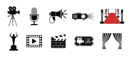 Cinema icon set. Movie production and film icon collection of film camera, microphone, clapperboard, award, red carpet, megaphone, theater curtain and more. Vector illustration.