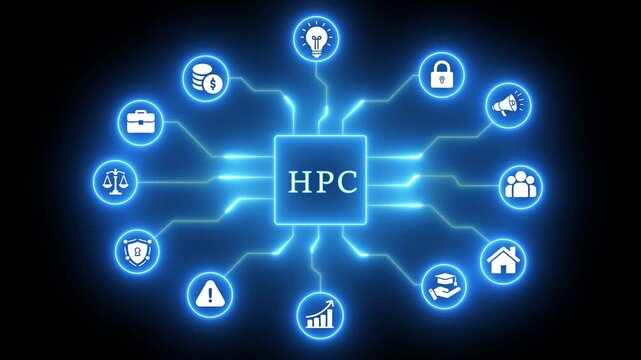 High Performance Computing HPC network diagram with glowing icons and connections technology