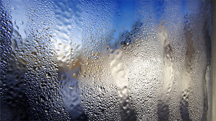 A close-up view of raindrops on a window, creating a dreamy, blurred effect with light diffusing through the droplets.