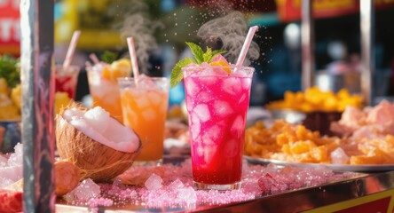 Vibrant fruit drinks on ice, street vendor style, with pink sprinkles