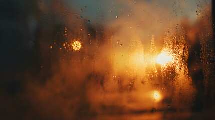 A warm sunset glow through a fogged window creates a cozy, atmospheric scene.