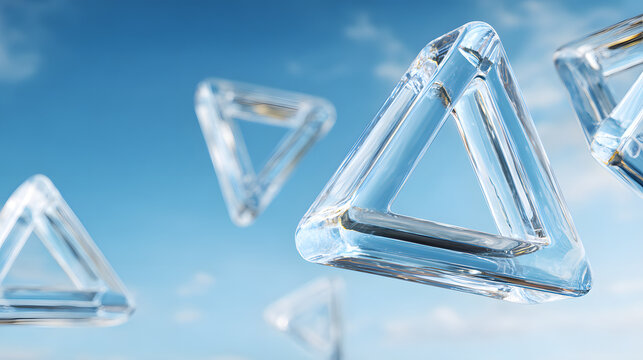 Floating crystal triangles create a surreal effect in a vibrant blue sky.