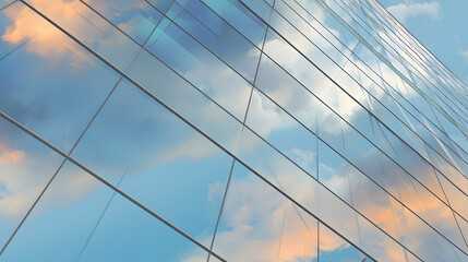 Obraz premium Reflective glass building exterior with clouds and sky, capturing a serene urban atmosphere.