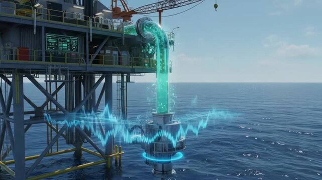 Medium shot of biobased drilling fluids in a marine setting highlighting sustainable friction reduction in offshore exploration technology.