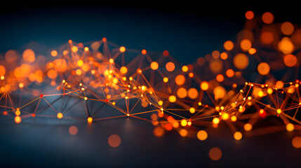 Abstract close-up of glowing orange and yellow nodes connected by lines, creating a dynamic network effect.