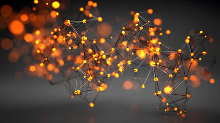 Abstract orange and black digital network structure showcasing interconnected nodes and glowing elements.