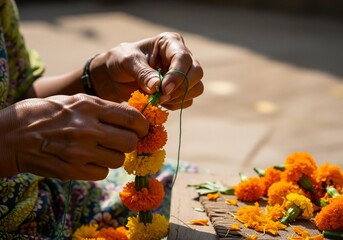 Unseen Diwali Preparation: Hands Weaving Marigold Garland with Devotion, Celebrating Tradition, Heritage, and the Love Behind Festival Decorations.
