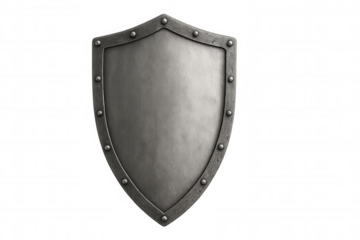 Medieval knight shield with metal surface and rivets, symbolizing protection, security, strength, and defense on transparent background