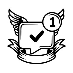 Title: Winged Speech Bubble Icon with Checkmark & Notification Badge