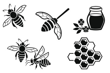 Bee and honey themed silhouettes for nature and apiary design .