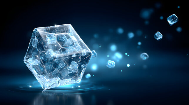 A stunning, translucent ice cube with shards breaking away against a dark blue background, creating a feeling of freshness.