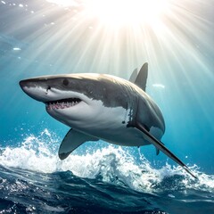 Fototapeta premium Great white shark in ocean, sunbeams