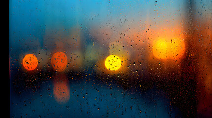 Abstract image featuring colorful bokeh lights blurred through raindrops on a window at sunset.