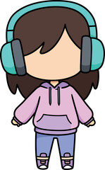Cute chibi girl listening music with headphones hoodie casual style vector